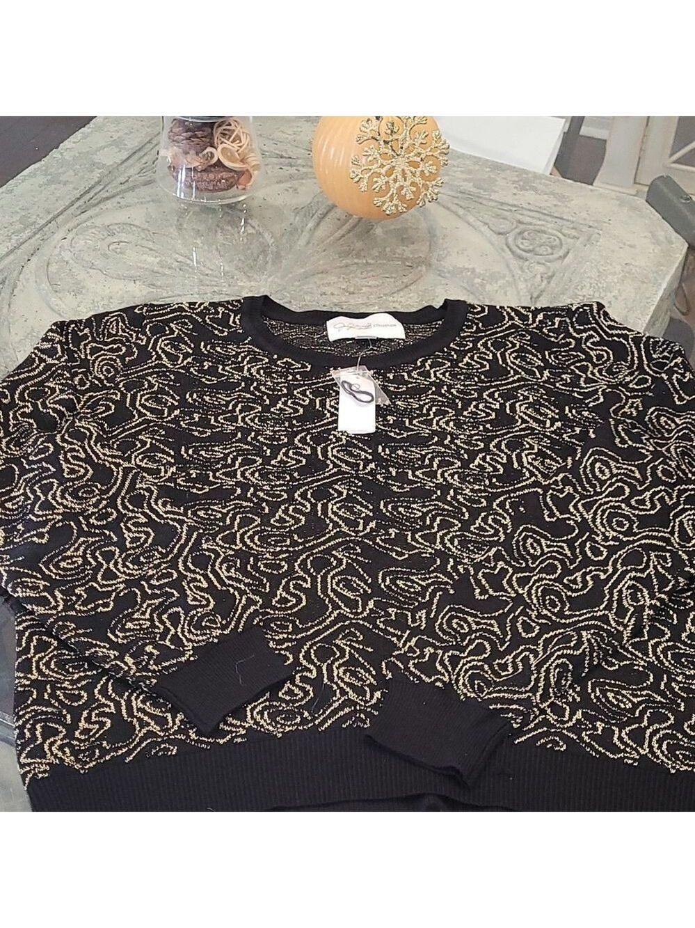 JACLYN Smith Metallic Jacquard Swirl Black Gold Sweater Women Xl